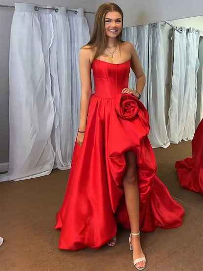 Strapless 3D Flower Prom Dresses for Women High Slit Satin Formal Dress