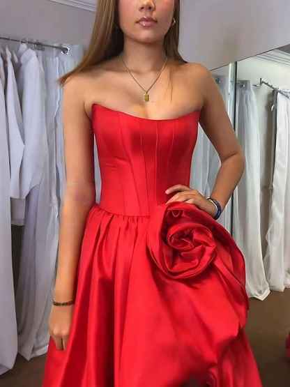 Strapless 3D Flower Prom Dresses for Women High Slit Satin Formal Dress