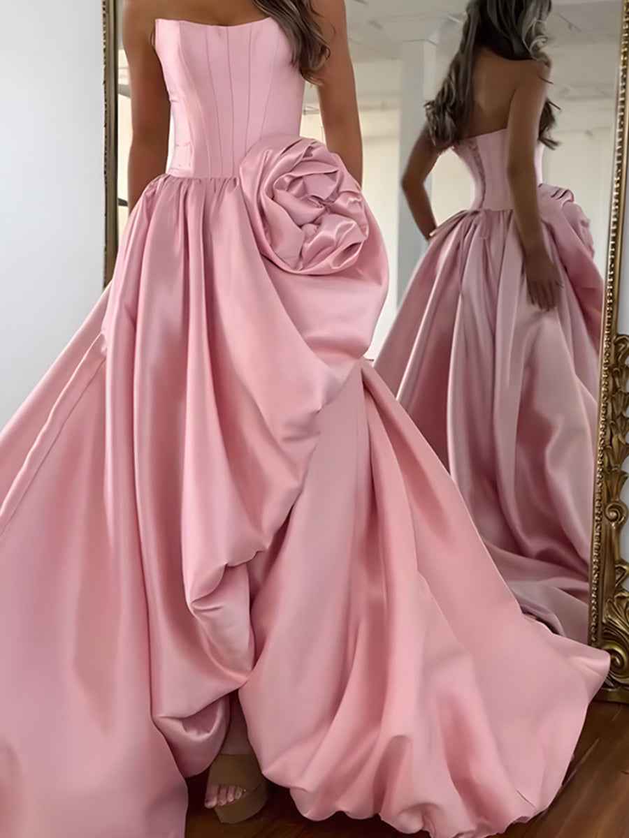 Strapless 3D Flower Prom Dresses for Women High Slit Satin Formal Dress