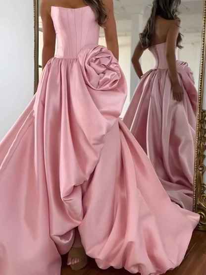 Strapless 3D Flower Prom Dresses for Women High Slit Satin Formal Dress