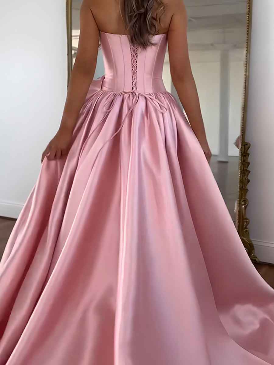 Strapless 3D Flower Prom Dresses for Women High Slit Satin Formal Dress