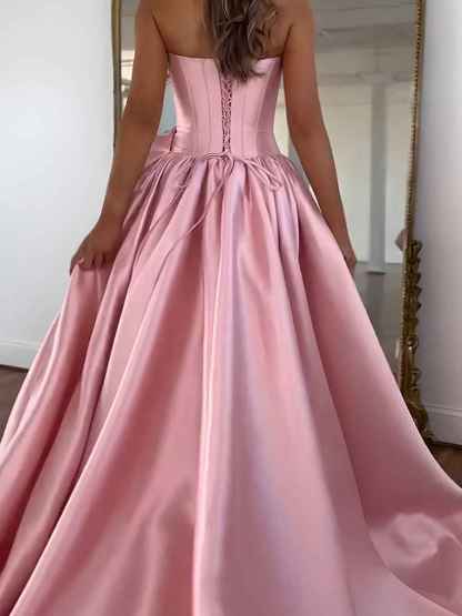 Strapless 3D Flower Prom Dresses for Women High Slit Satin Formal Dress