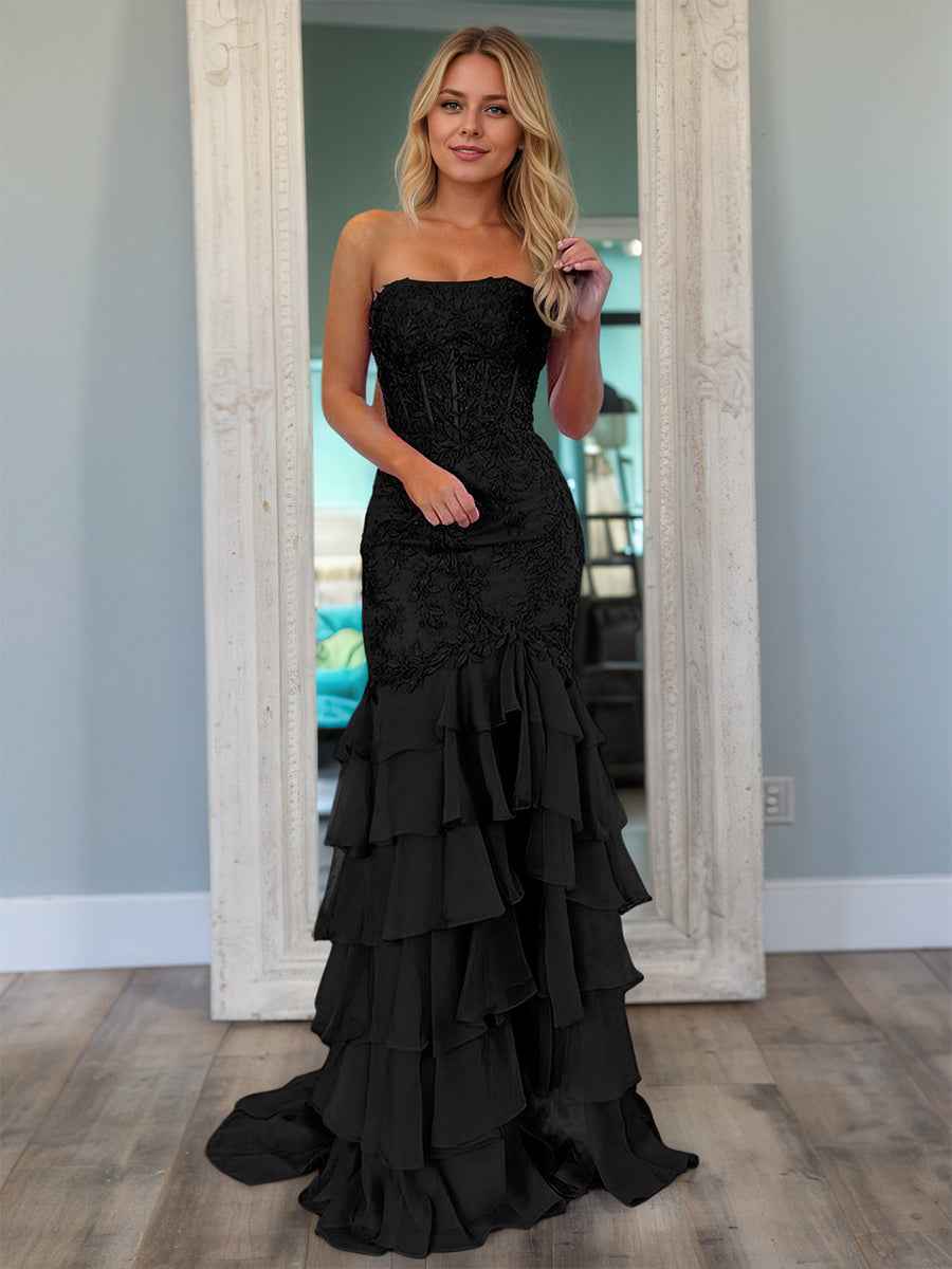 Strapless Applique Ruffle Mermaid Long Prom Dress with Slit