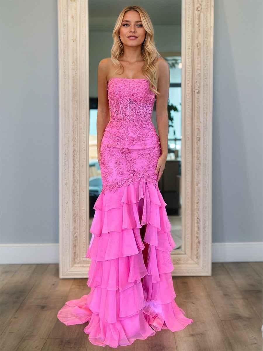 Strapless Applique Ruffle Mermaid Long Prom Dress with Slit