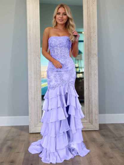 Strapless Applique Ruffle Mermaid Long Prom Dress with Slit