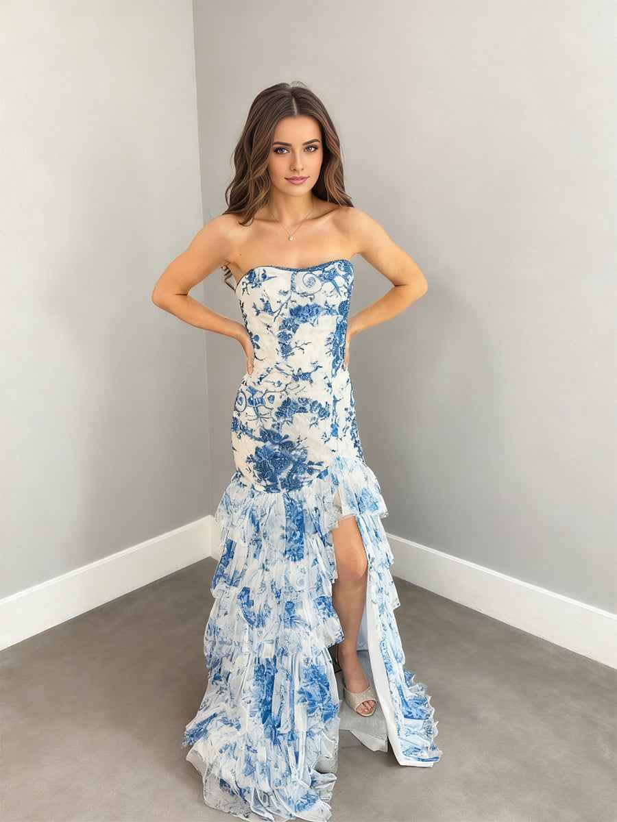 Strapless Beaded Ruffle Tiered Mermaid Prom Dress with Slit