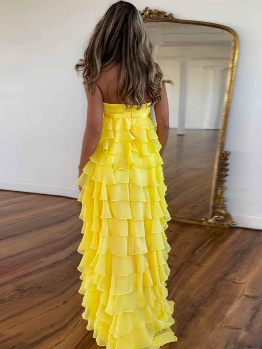 Strapless Chiffon Tiered Ruffles Long Prom Dress