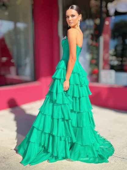 Strapless Crystal NecklineTiered Ruffle Satin Corset Prom Dress