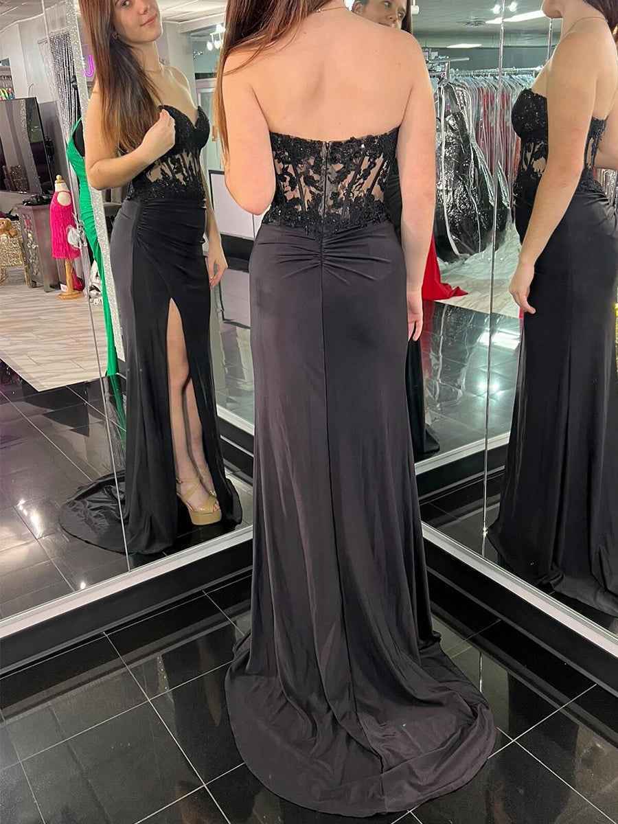 Strapless Floral Mermaid Satin Long Prom Dress with Slit
