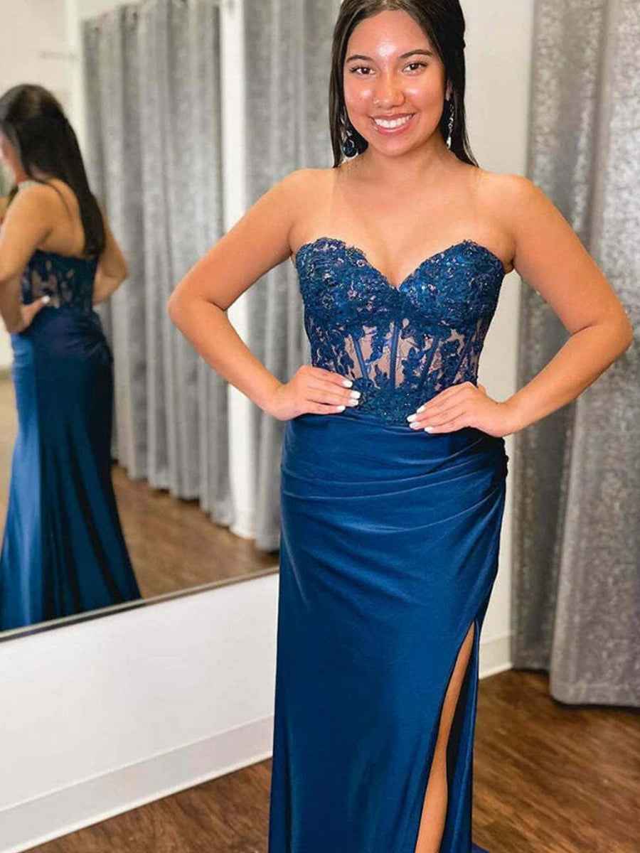 Strapless Floral Mermaid Satin Long Prom Dress with Slit