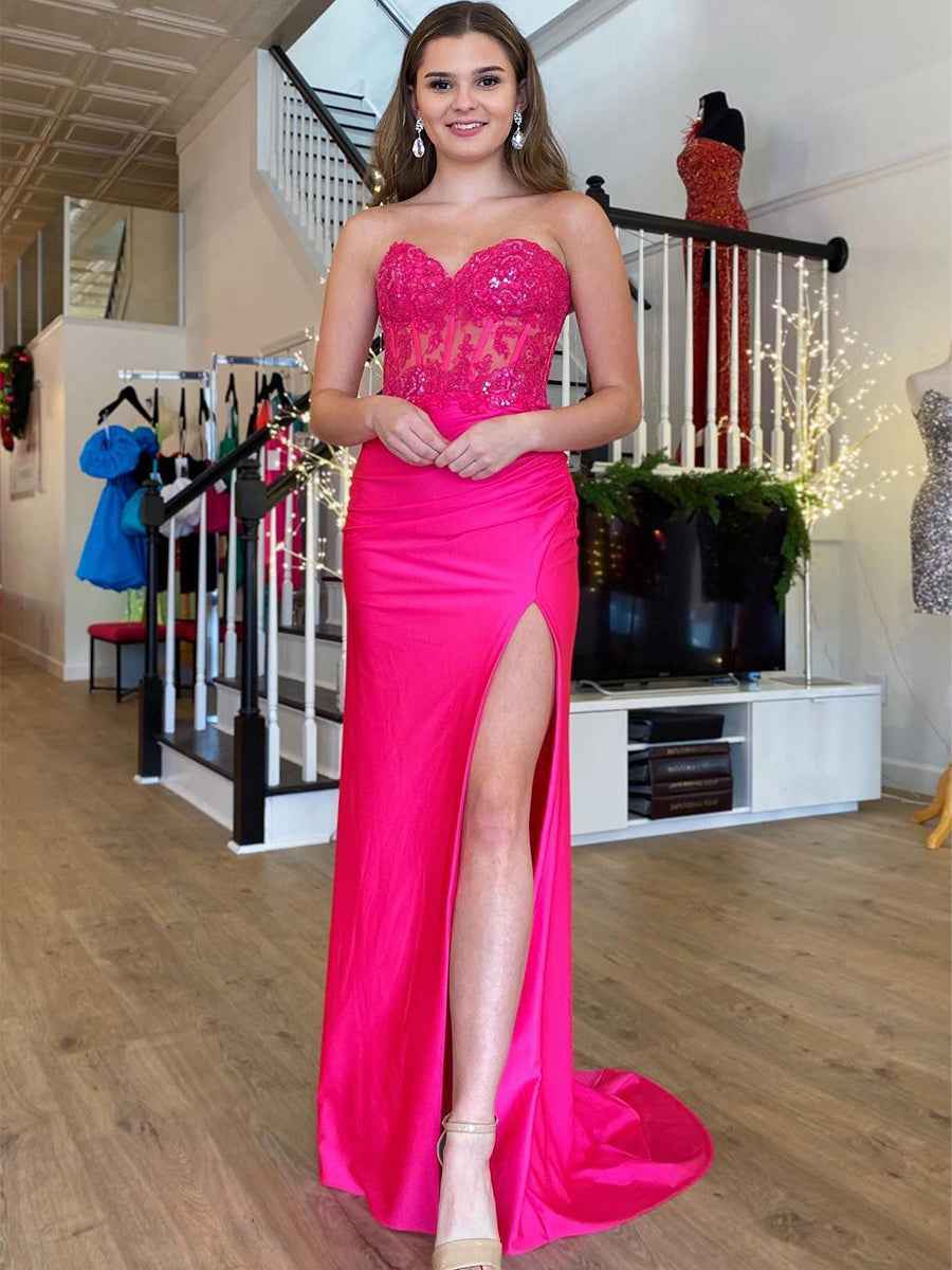 Strapless Floral Mermaid Satin Long Prom Dress with Slit