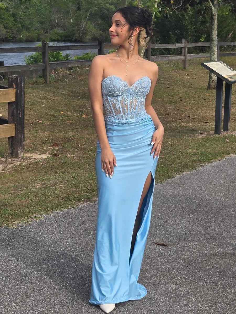 Strapless Floral Mermaid Satin Long Prom Dress with Slit
