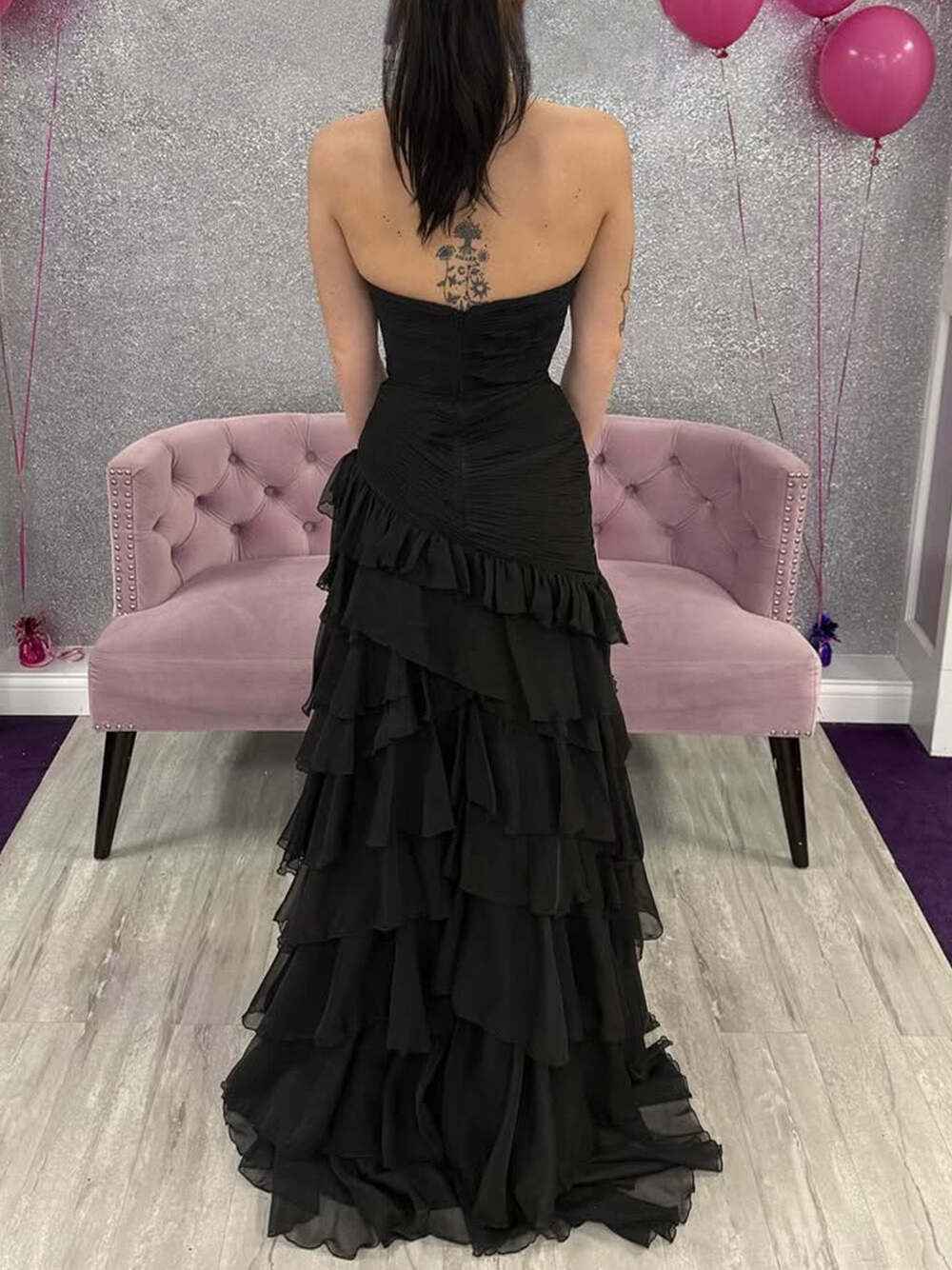 Strapless Mermaid Tiered Chiffon Skirt Prom Dress with Ruffle