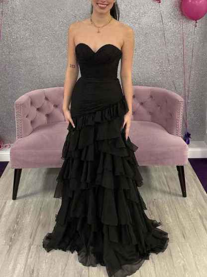 Strapless Mermaid Tiered Chiffon Skirt Prom Dress with Ruffle