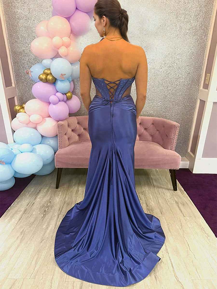 Strapless Royal Blue V Neck Beaded Long Prom Dress with Slit