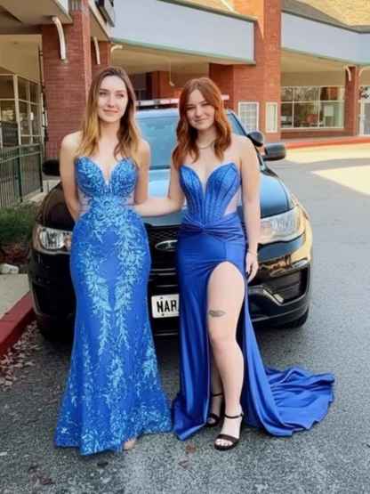 Strapless Blue Sequin V Neck Long Prom Dress