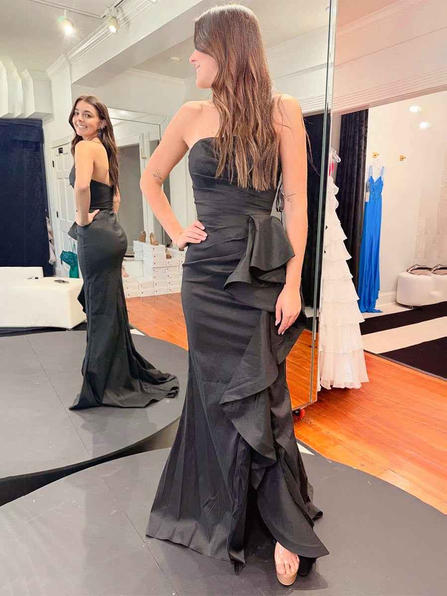 Strapless Ruffles Hem Long Prom Dress with Slit