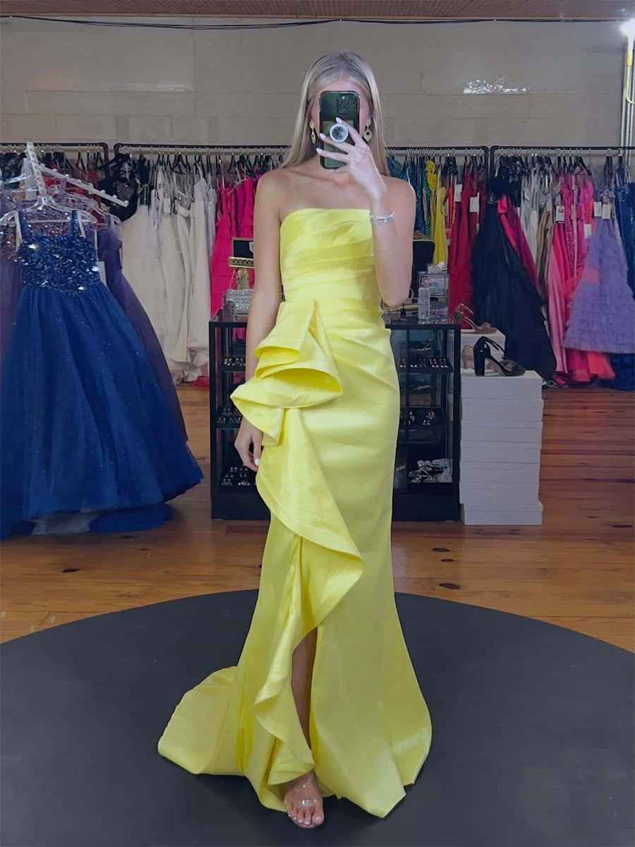 Strapless Ruffles Hem Long Prom Dress with Slit