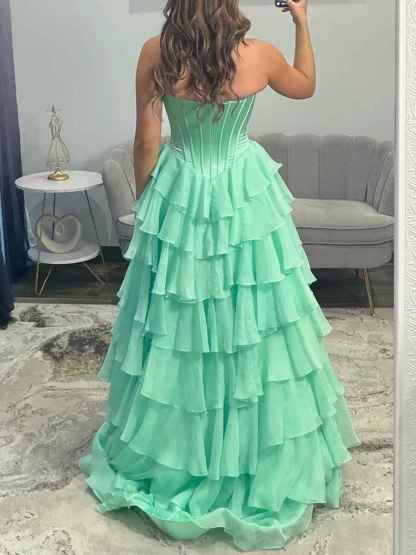 Strapless Sweetheart Lace Embroidery Boned Tiered Long Prom Dress
