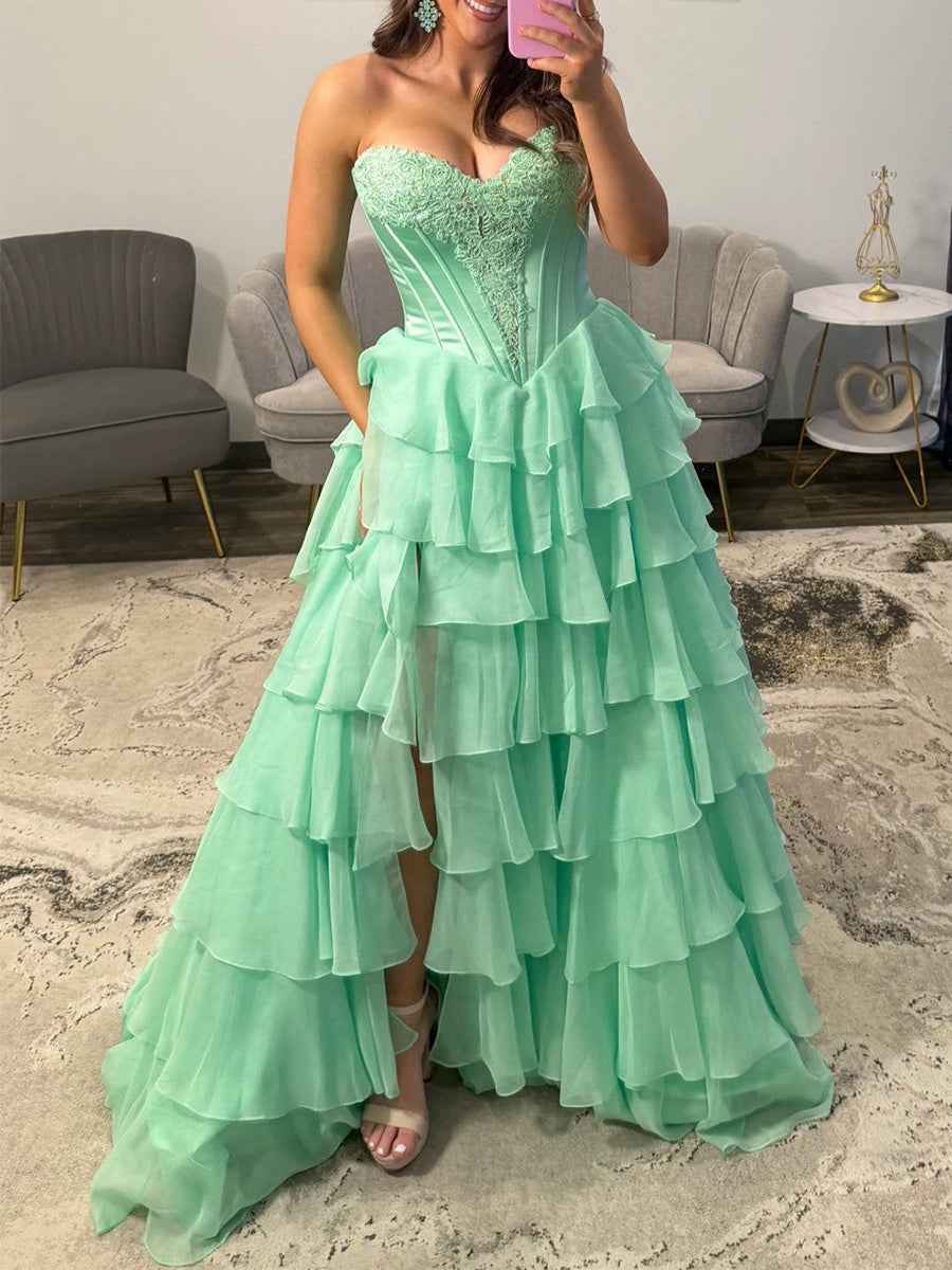 Strapless Sweetheart Lace Embroidery Boned Tiered Long Prom Dress