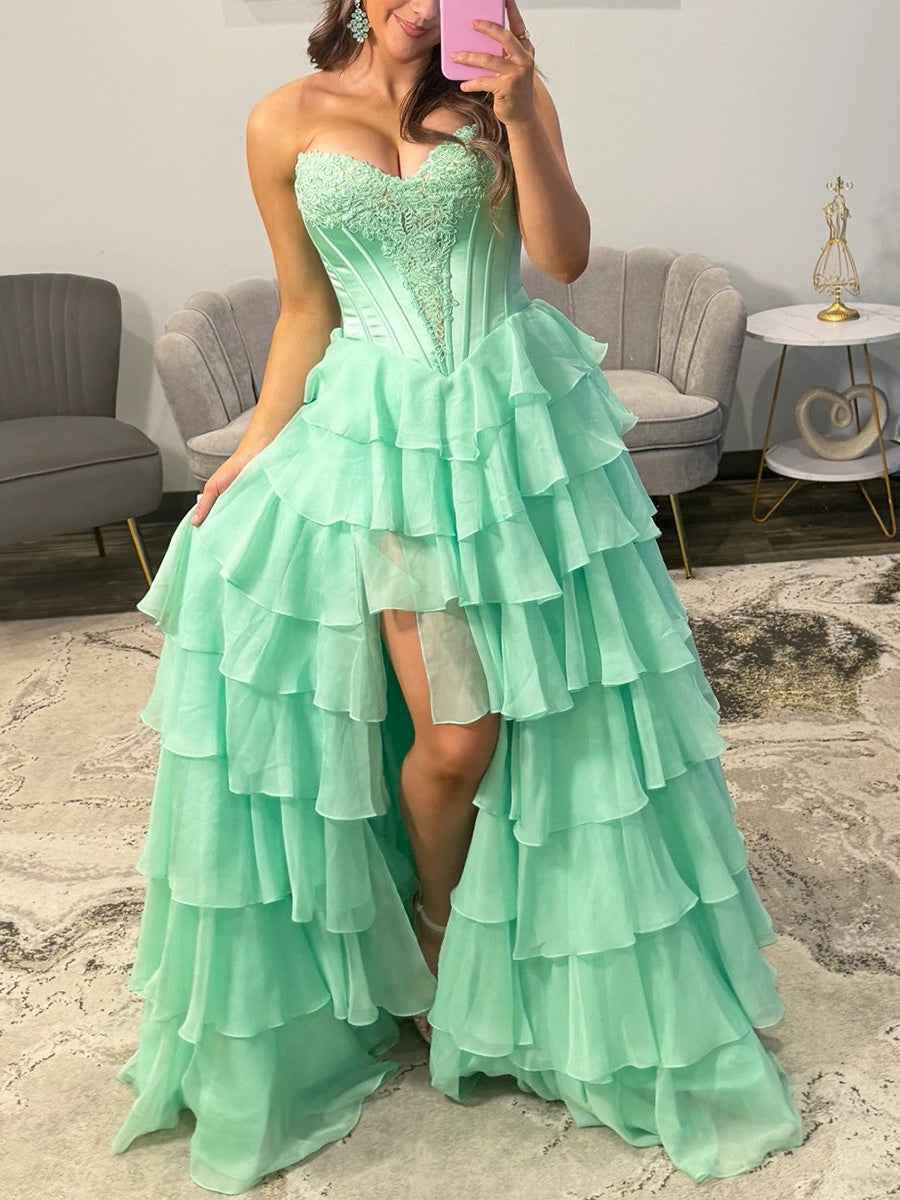 Strapless Sweetheart Lace Embroidery Boned Tiered Long Prom Dress