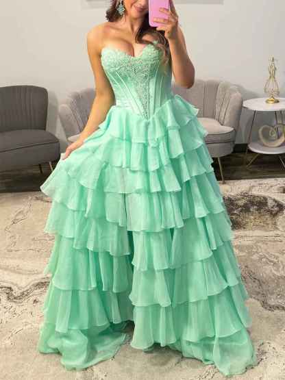 Strapless Sweetheart Lace Embroidery Boned Tiered Long Prom Dress