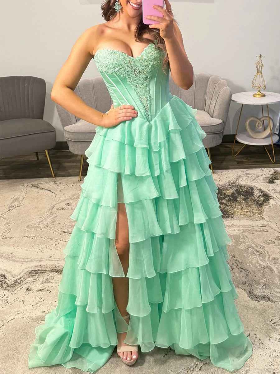 Strapless Sweetheart Lace Embroidery Boned Tiered Long Prom Dress