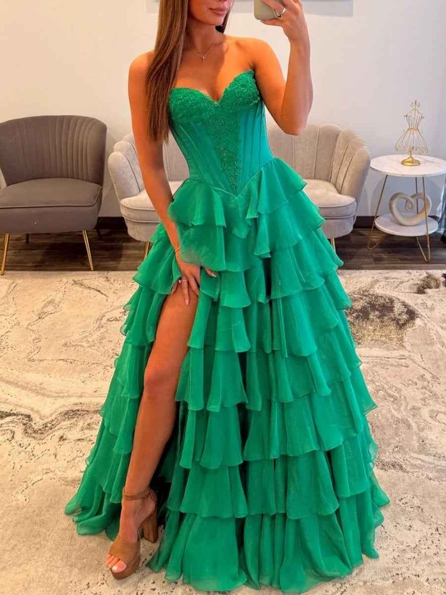 Strapless Sweetheart Lace Embroidery Boned Tiered Long Prom Dress