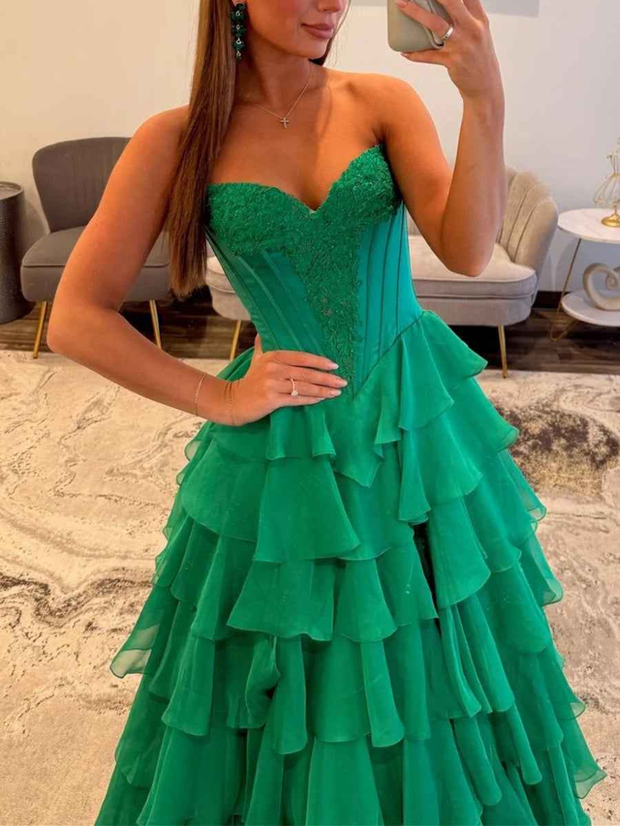 Strapless Sweetheart Lace Embroidery Boned Tiered Long Prom Dress