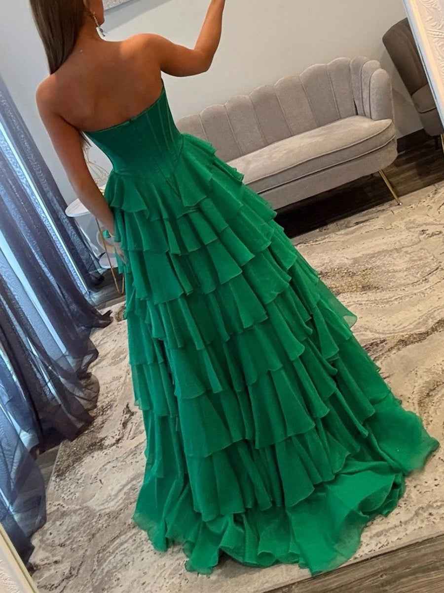 Strapless Sweetheart Lace Embroidery Boned Tiered Long Prom Dress