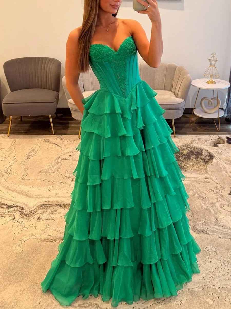 Strapless Sweetheart Lace Embroidery Boned Tiered Long Prom Dress