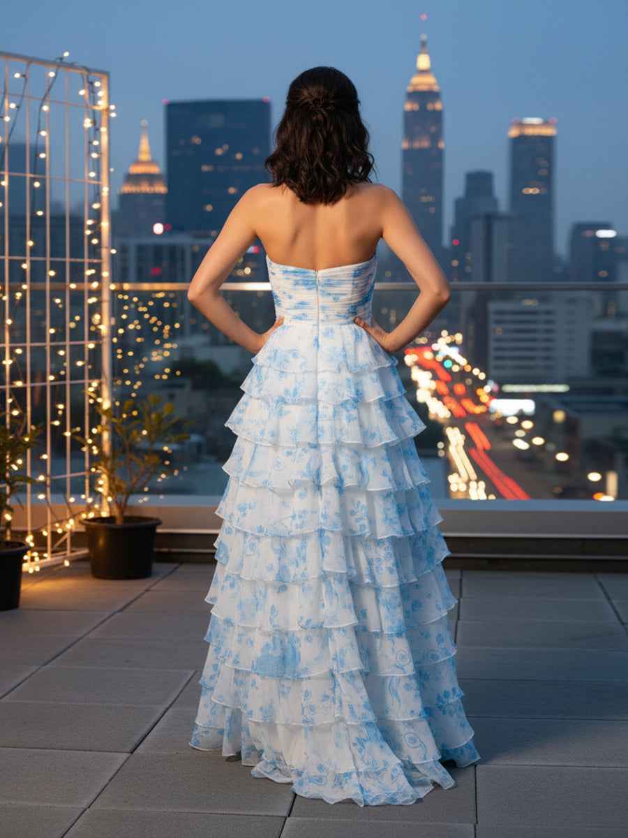 Strapless Sweetheart Ruffle Printing Chiffon Tiered Long Prom Dress