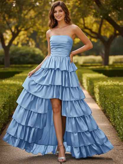 Strapless A Line Satin Tiered Long Prom Dress with Slit