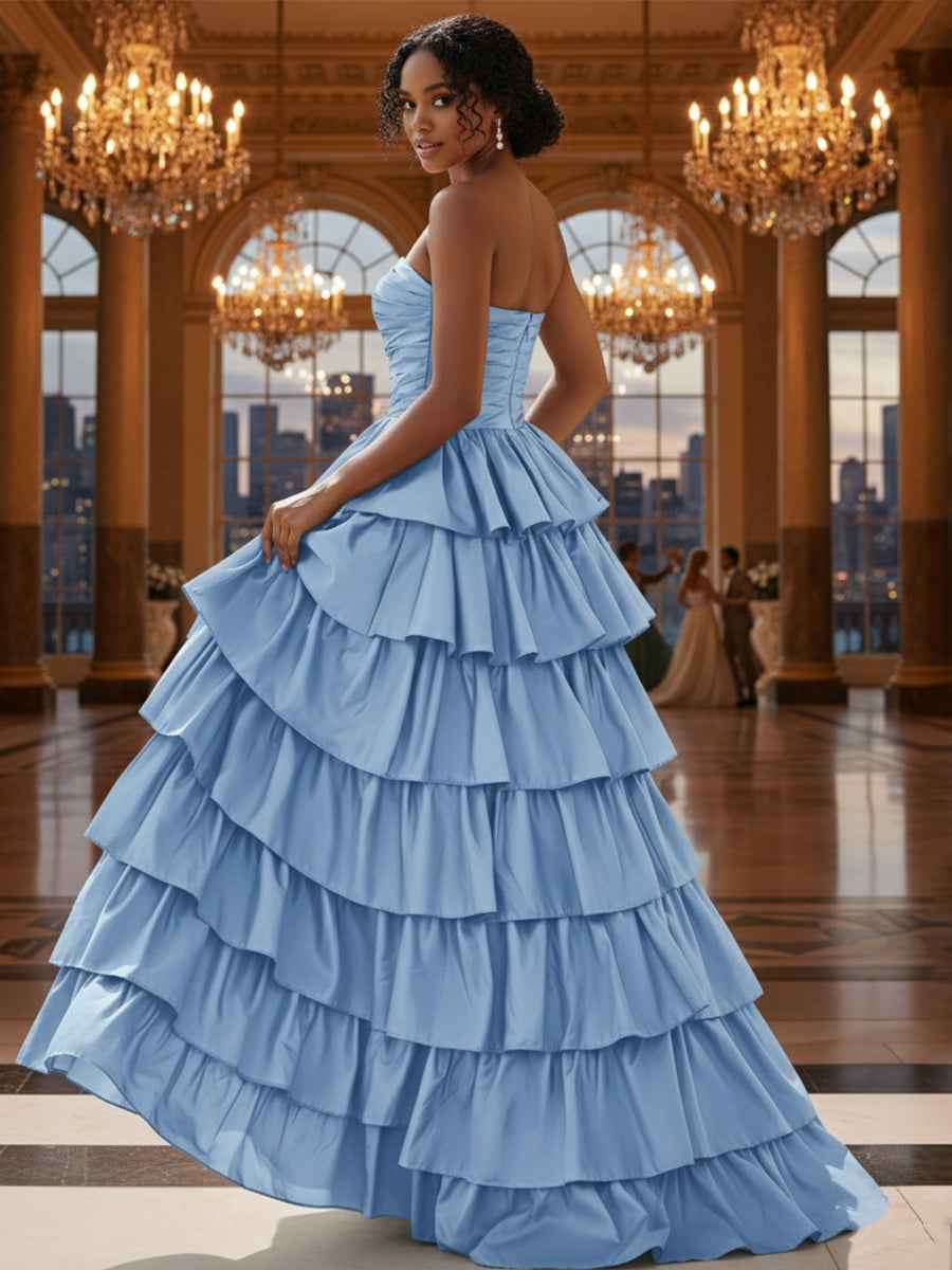 Strapless A Line Satin Tiered Long Prom Dress with Slit