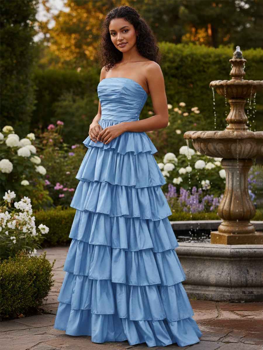 Strapless A Line Satin Tiered Long Prom Dress with Slit