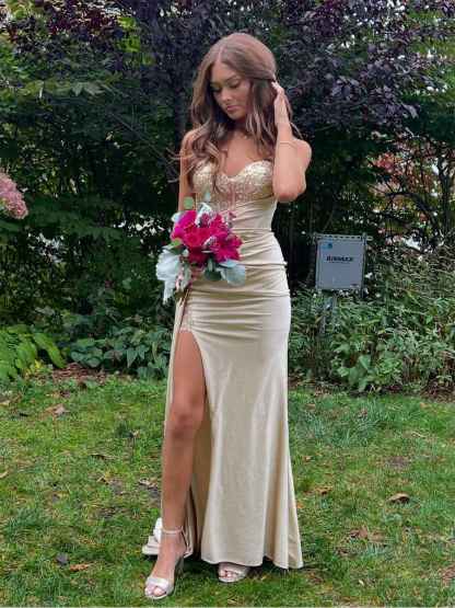 Strapless Beaded Corset Bodice Long Prom Dress with Slit