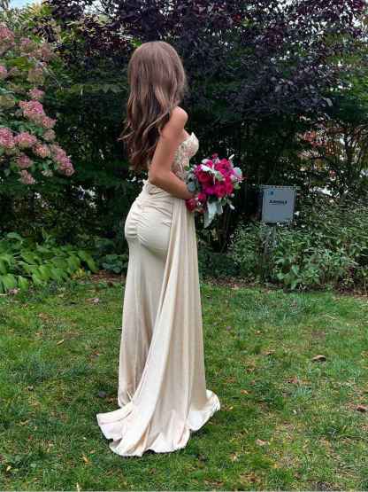 Strapless Beaded Corset Bodice Long Prom Dress with Slit