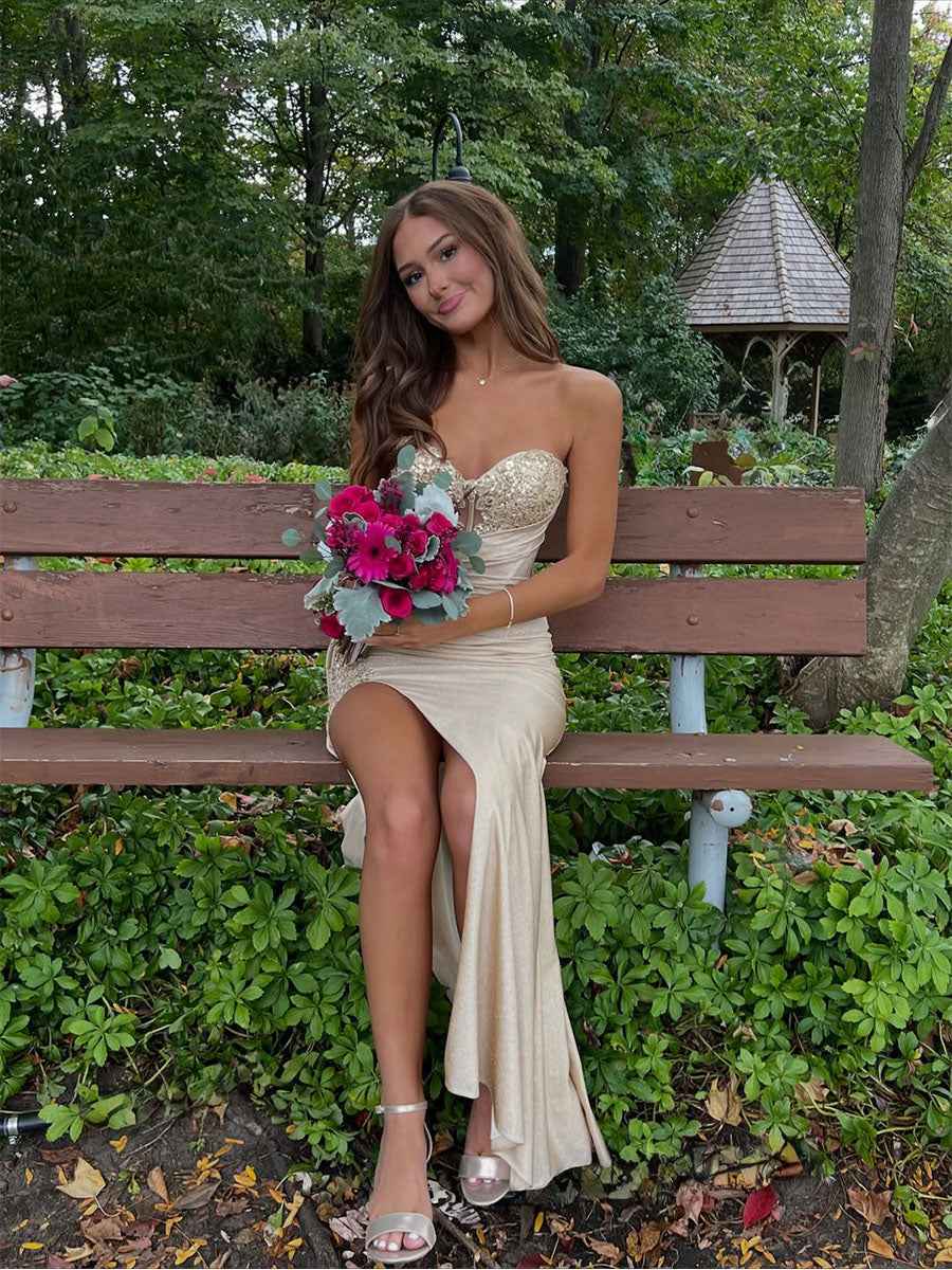 Strapless Beaded Corset Bodice Long Prom Dress with Slit