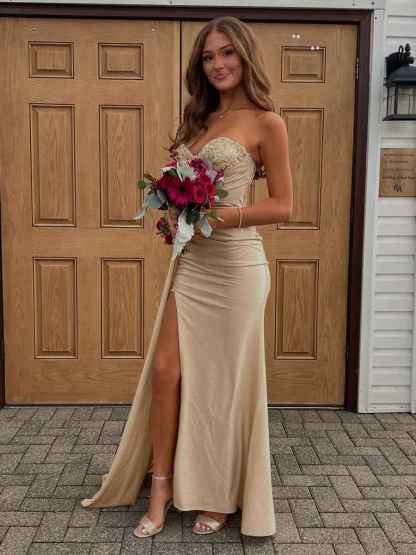 Strapless Beaded Corset Bodice Long Prom Dress with Slit