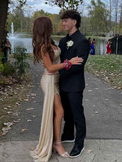 Strapless Beaded Corset Bodice Long Prom Dress with Slit