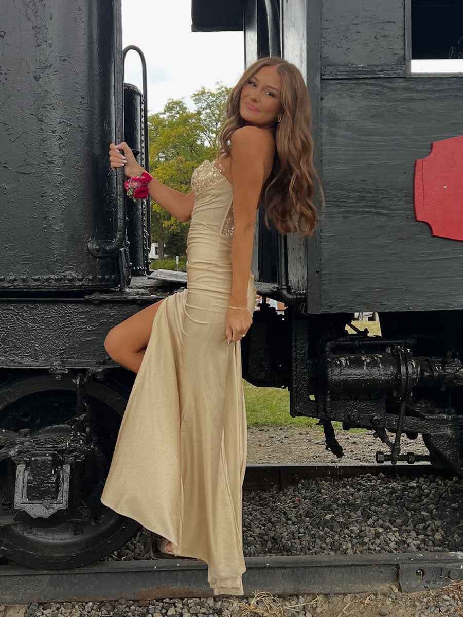 Strapless Beaded Corset Bodice Long Prom Dress with Slit