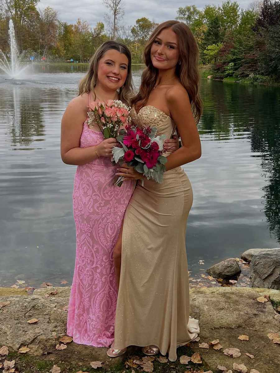 Strapless Beaded Corset Bodice Long Prom Dress with Slit