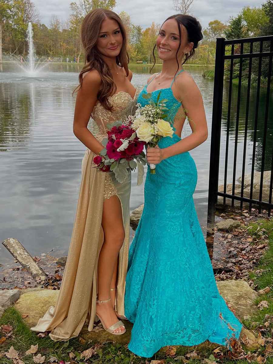 Strapless Beaded Corset Bodice Long Prom Dress with Slit