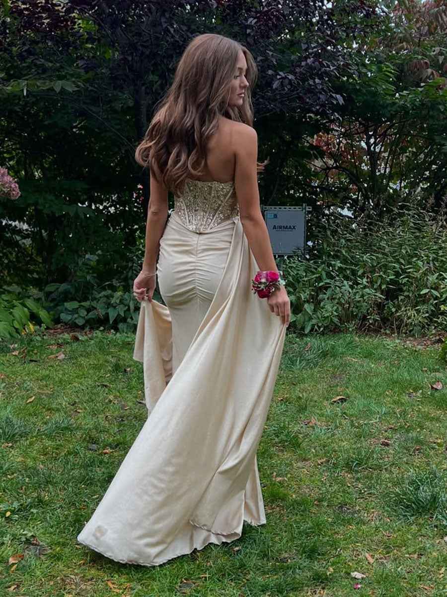 Strapless Beaded Corset Bodice Long Prom Dress with Slit