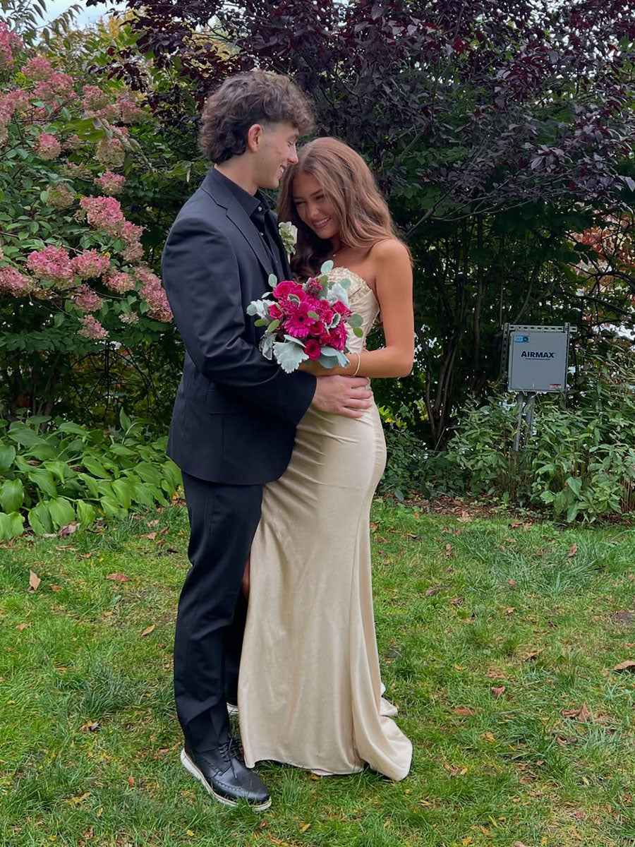 Strapless Beaded Corset Bodice Long Prom Dress with Slit