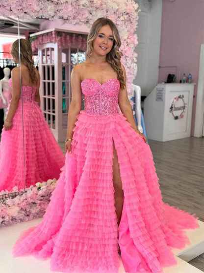 Strapless Beaded Corset Tiered Ruffle Long Prom Dress