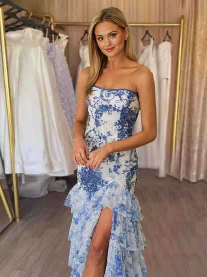 Strapless Beaded Ruffle Tiered Mermaid Prom Dress with Slit