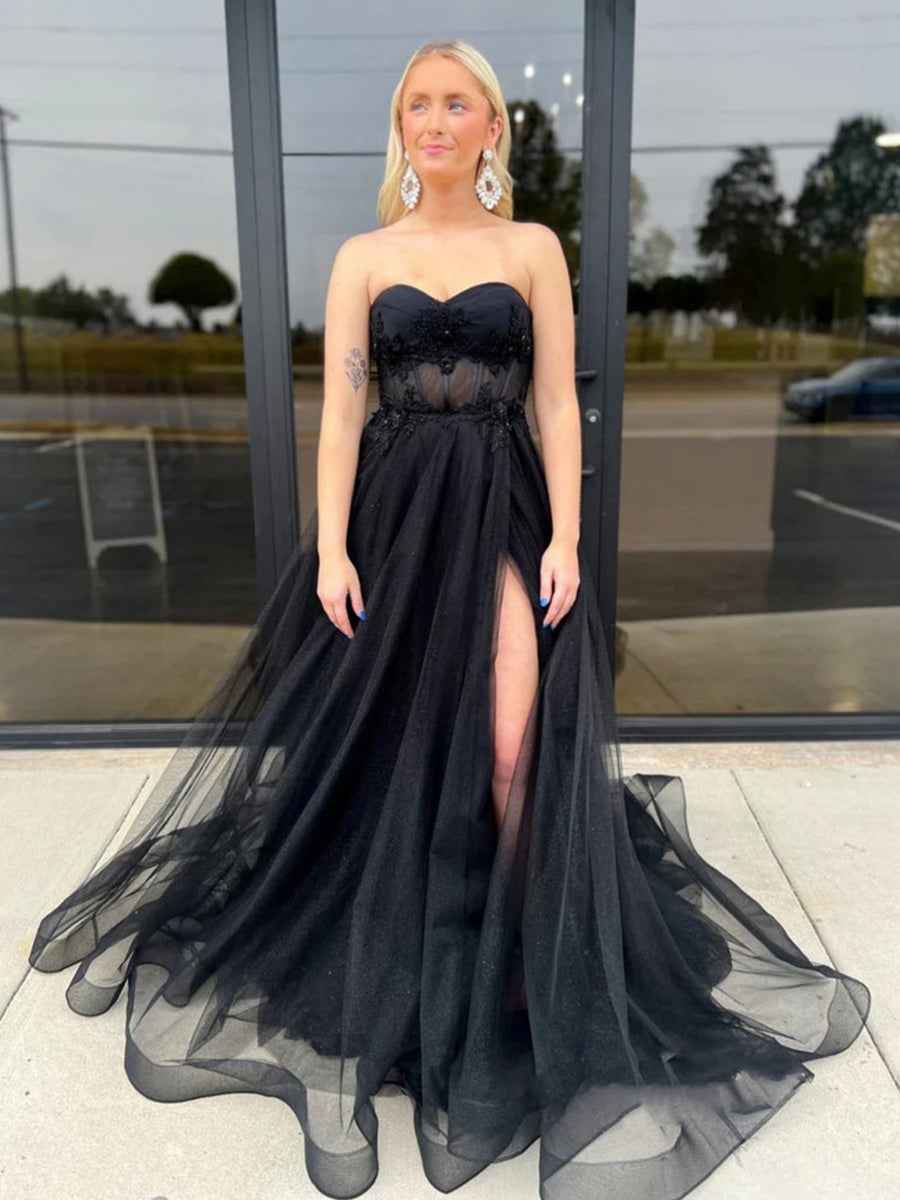 Strapless Black Tulle Long Prom Dresses with Slit