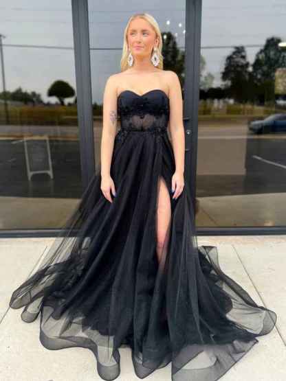 Strapless Black Tulle Long Prom Dresses with Slit
