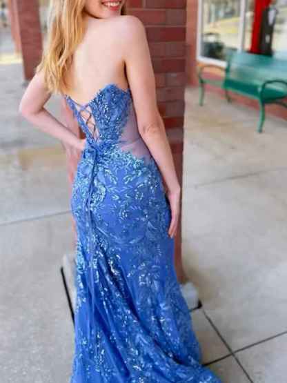 Strapless Blue Sequin V Neck Long Prom Dress